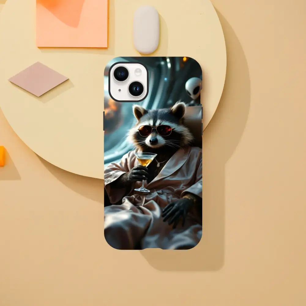 Phone case with adorable raccoon design from Martini Raccoon Case PixiOnyx Cosmic Critter Series