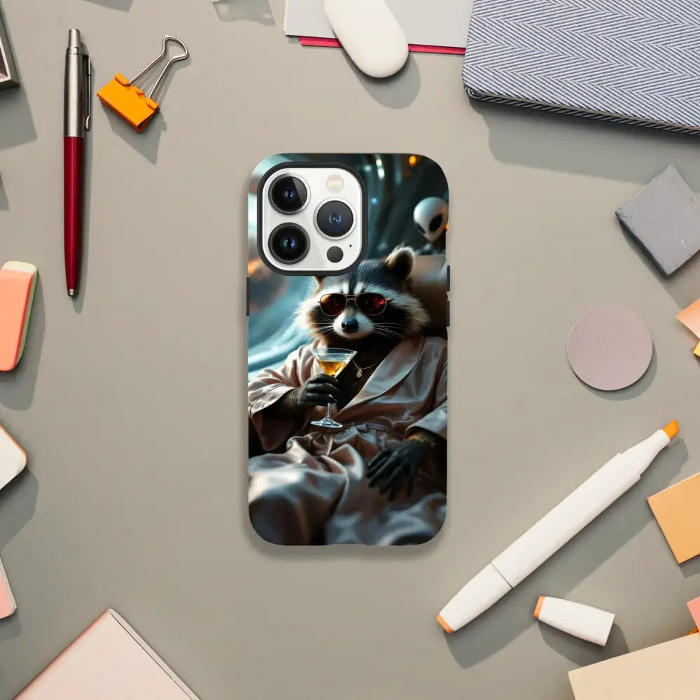 Phone case with Raccoon design from Martini Raccoon Case PixiOnyx Cosmic Critter Series