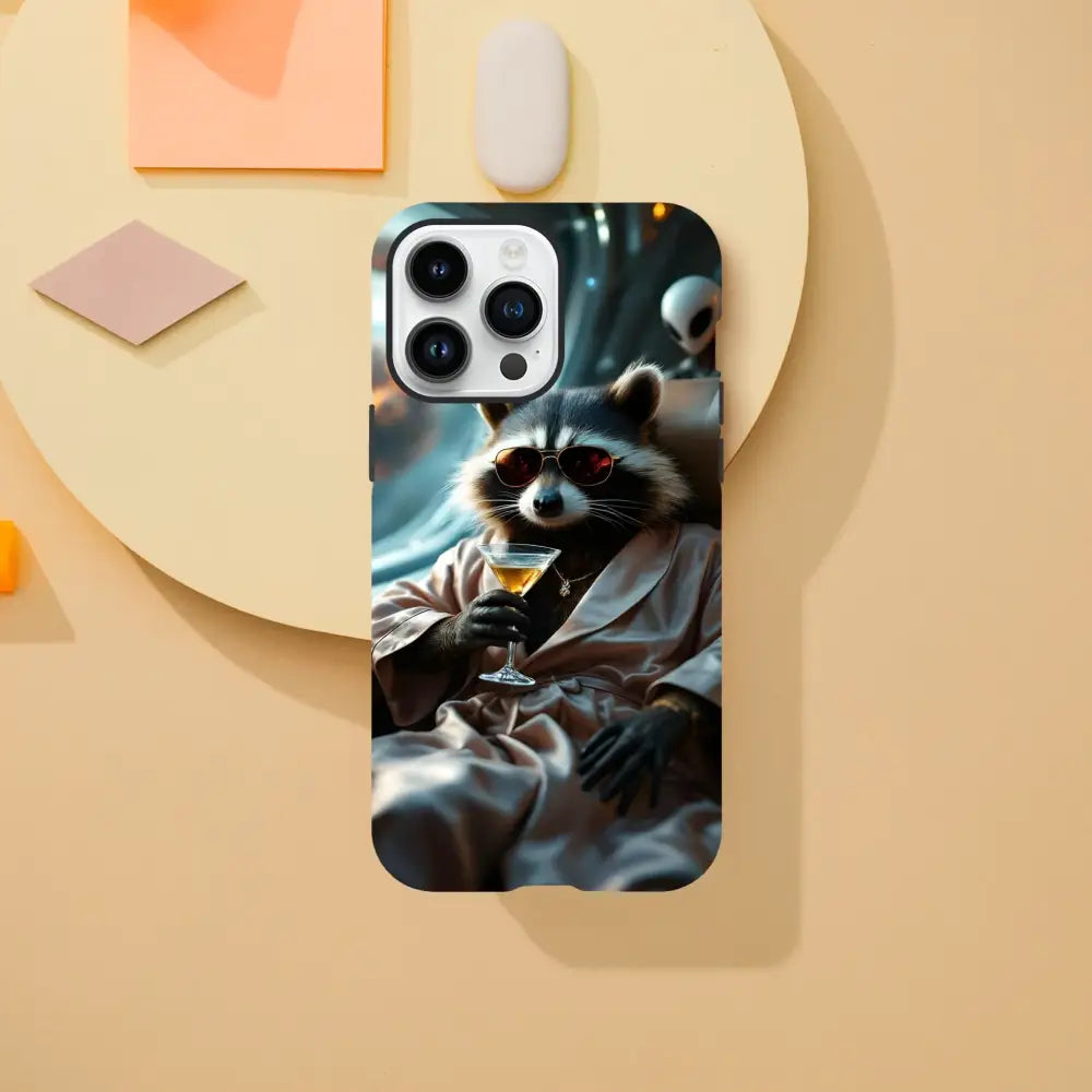 Phone case with a raccoon design from Martini Raccoon Case PixiOnyx Cosmic Critter Series