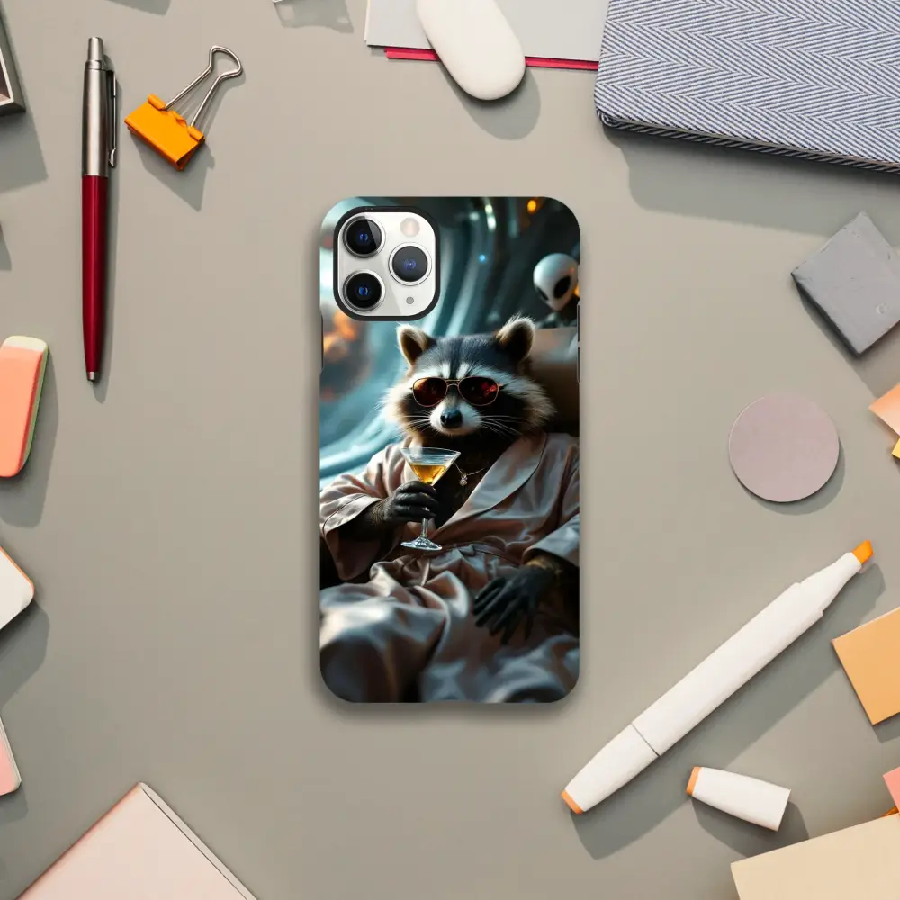 Raccoon-themed phone case for iPhone from PixiOnyx Cosmic Critter Series