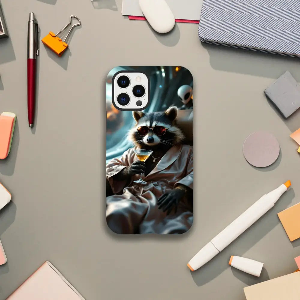 Phone case with a cute raccoon design from the Martini Raccoon Case PixiOnyx Cosmic Critter Series