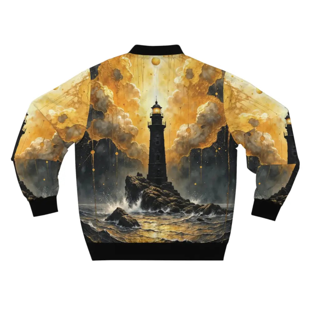 Men’s bomber jacket with lighthouse and stormy sea design from PixiOnyx Celestial Outwear Capsule