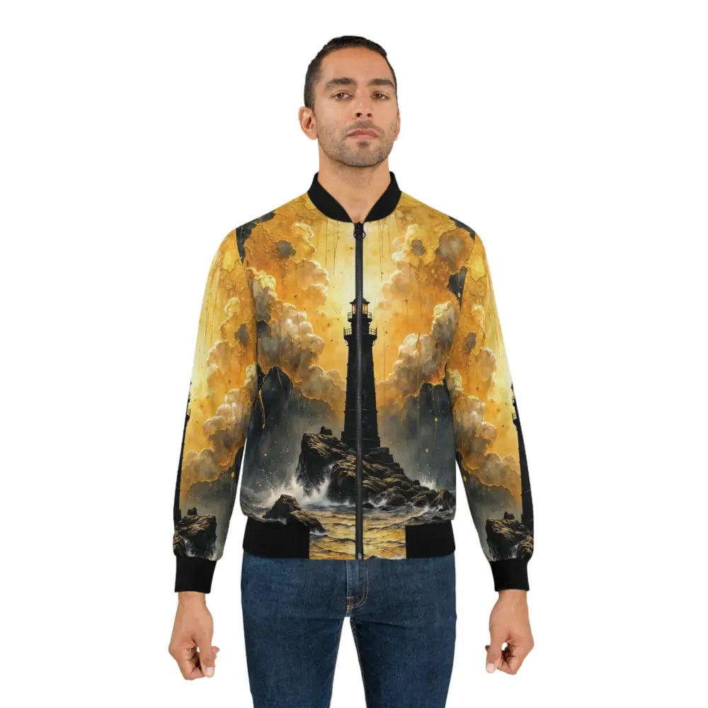 Men’s bomber jacket with lighthouse at sunset design from PixiOnyx Celestial Outwear Capsule