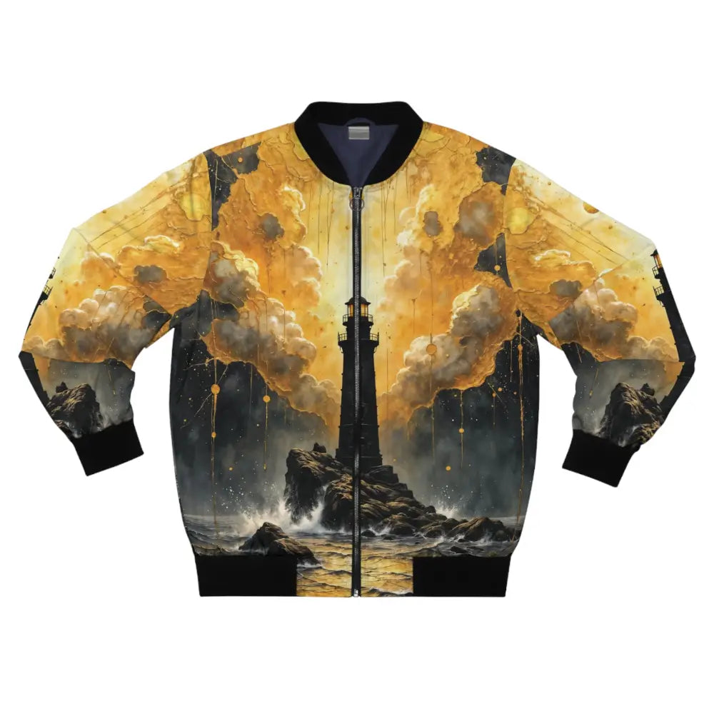 Men’s bomber jacket transforms with vibrant lighthouse print on rocky shore under golden sky