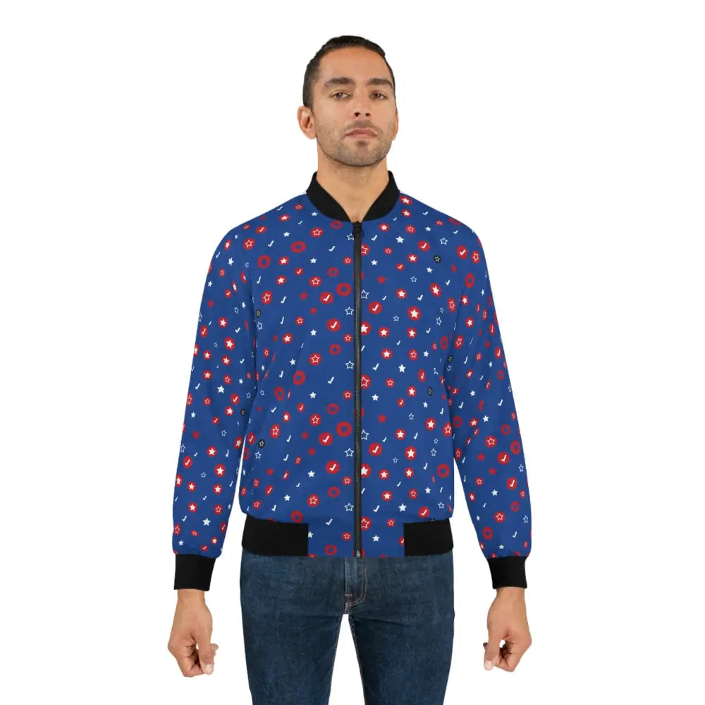Blue patterned bomber jacket from Men’s Bomber Jacket Vibrant Starscape Swagger by PixiOnyx