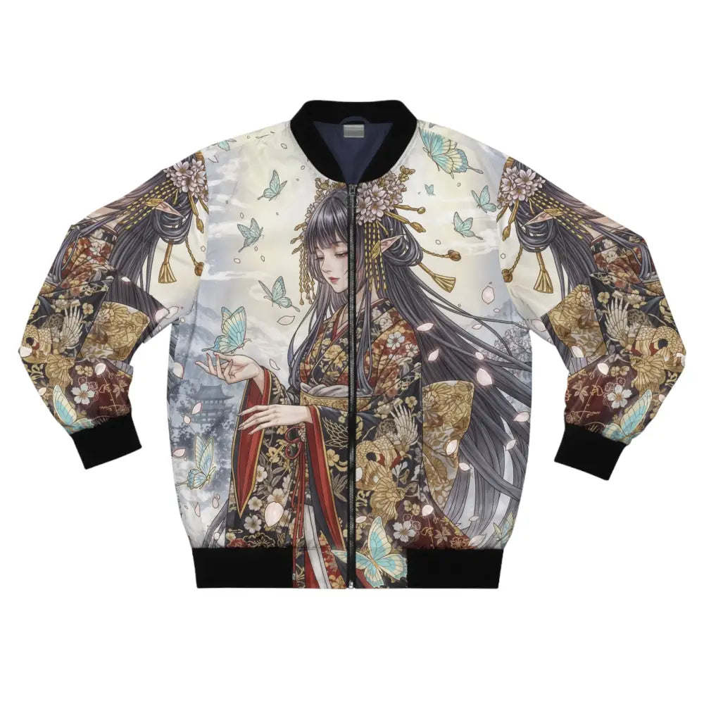 Men’s bomber jacket featuring a Japanese woman with kimono, butterflies, and floral art