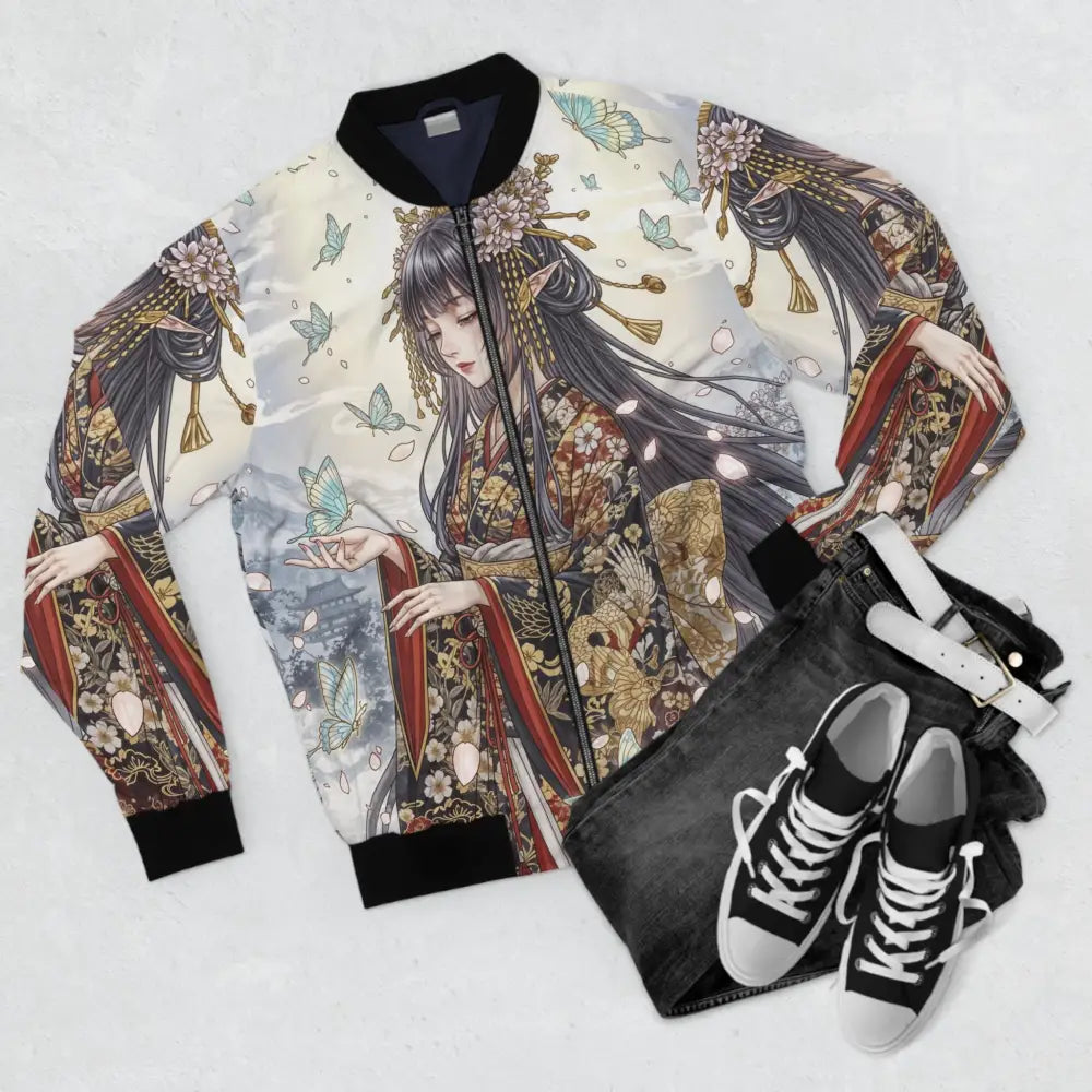 Men’s bomber jacket featuring anime-style woman, butterflies, cherry blossoms, black collar