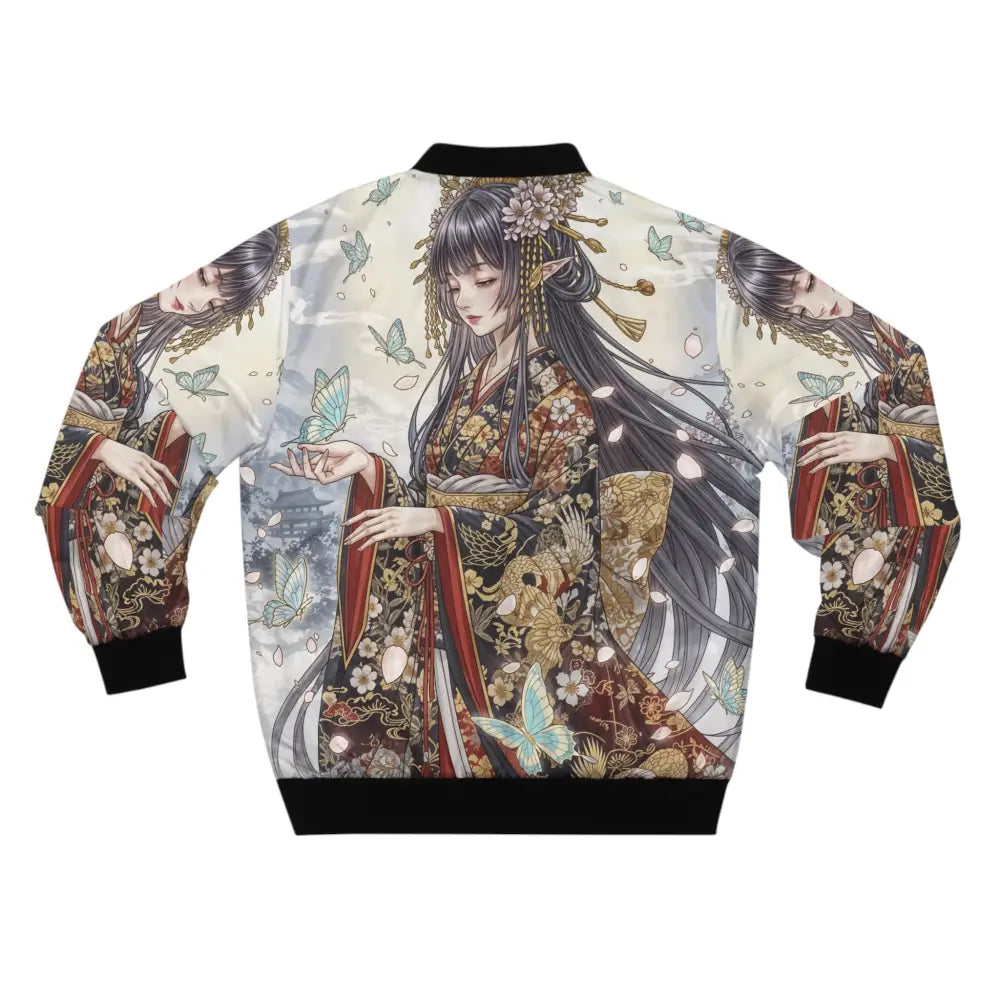 Men’s bomber jacket featuring a fantasy anime character and butterflies by PixiOnyx