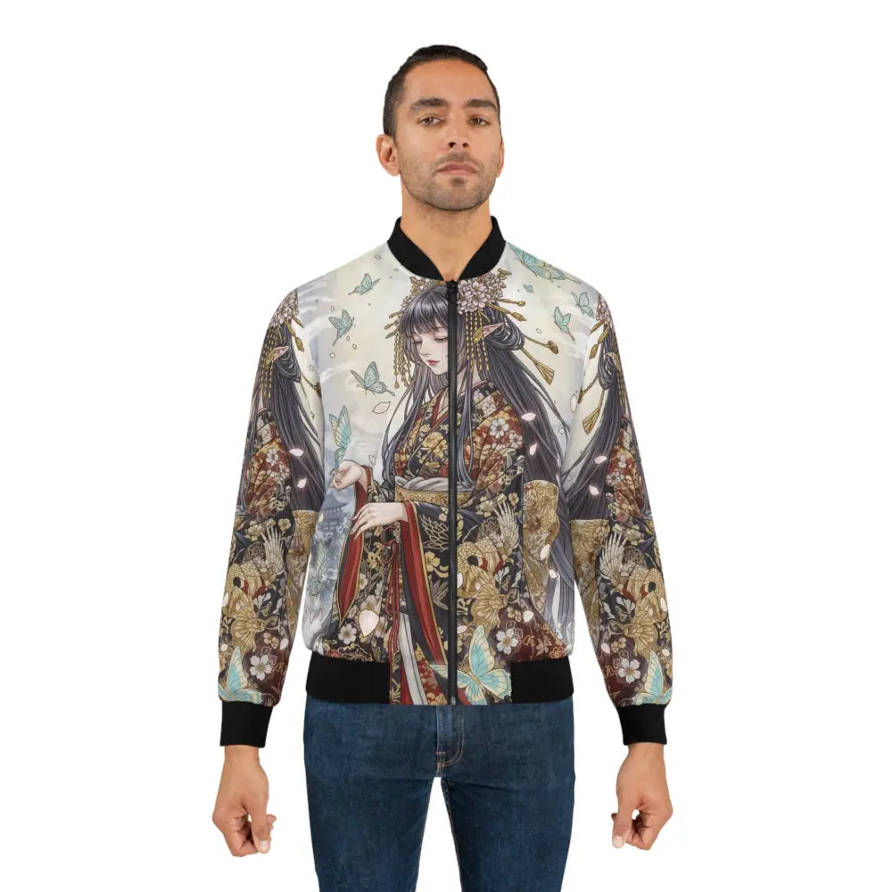 Men’s bomber jacket with colorful anime-style geisha and butterfly print by PixiOnyx