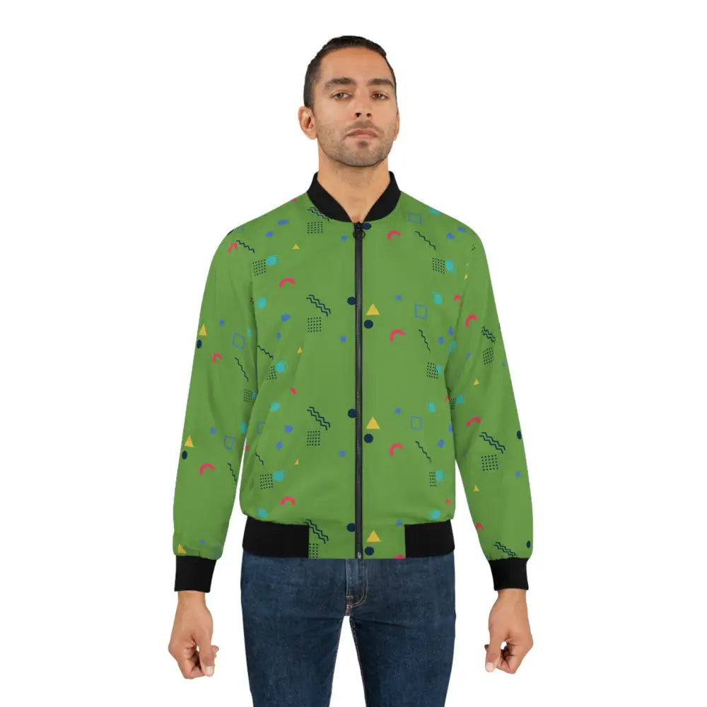 Man wearing a green patterned bomber jacket from PixiOnyx Memphis Razzle Pop line