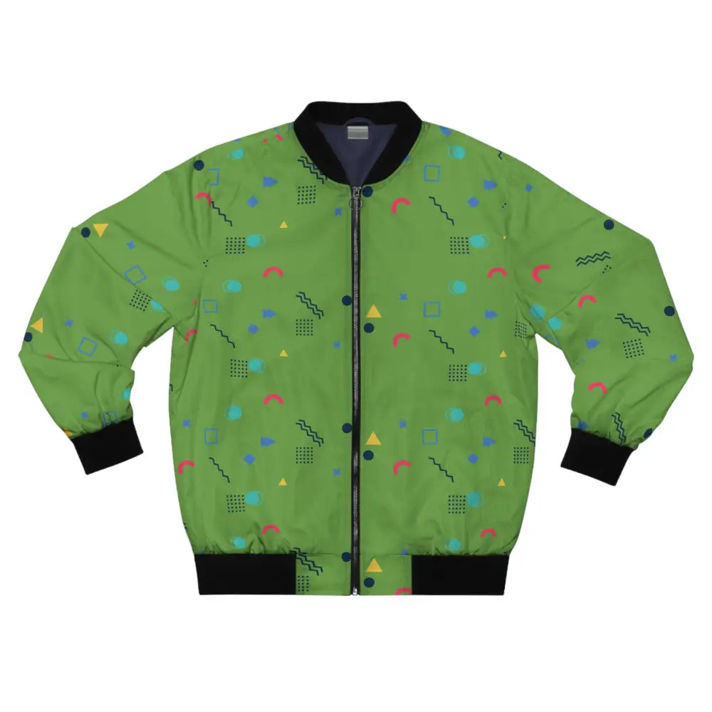 Green bomber jacket with geometric patterns from Men’s Bomber Jacket Memphis Razzle Pop collection