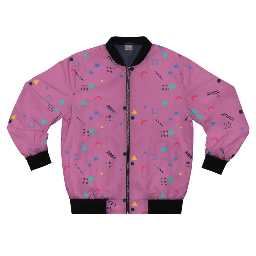 Pink bomber jacket with geometric pattern from Memphis Razzle Pop collection by PixiOnyx