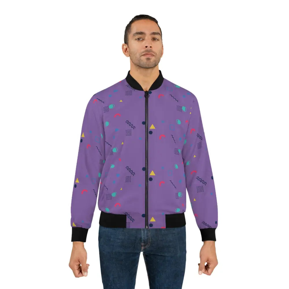 Purple bomber jacket with geometric pattern from Memphis Razzle Pop by PixiOnyx Retrocore
