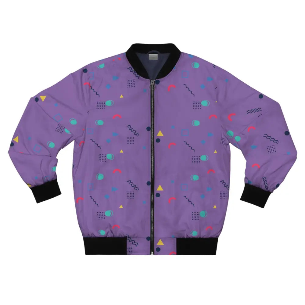 Purple bomber jacket with geometric pattern from PixiOnyx Memphis Razzle Pop collection