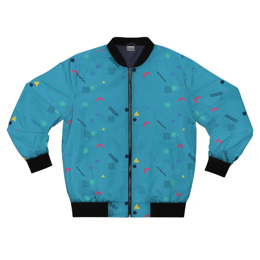 Turquoise bomber jacket with geometric pattern from PixiOnyx Memphis Razzle Pop collection