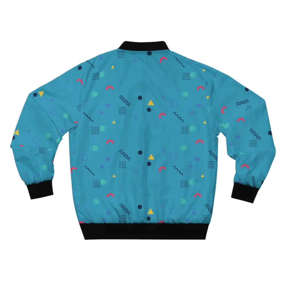 Retro patterned bomber jacket in turquoise from PixiOnyx Memphis Razzle Pop collection