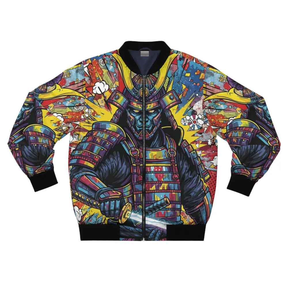 Vibrant explosive graphic bomber jacket featuring samurai warrior design in neon Tokyo dreamscapes style