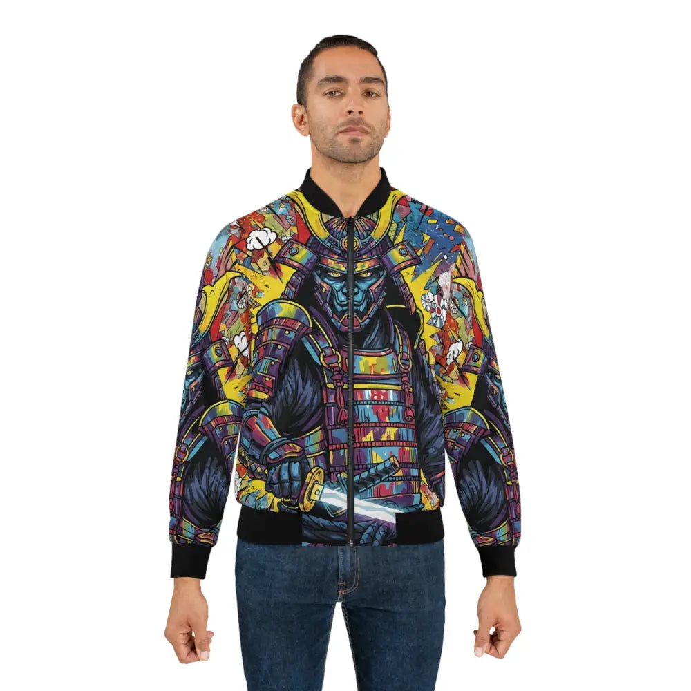 Men’s colorful samurai print bomber jacket showcasing bold meets chaos neon Tokyo dreamscapes