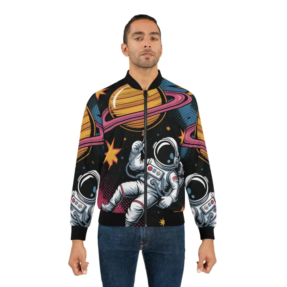 Man wearing a black Saturn Balloon surreal cosmic bomber jacket with zero-gravity style statement