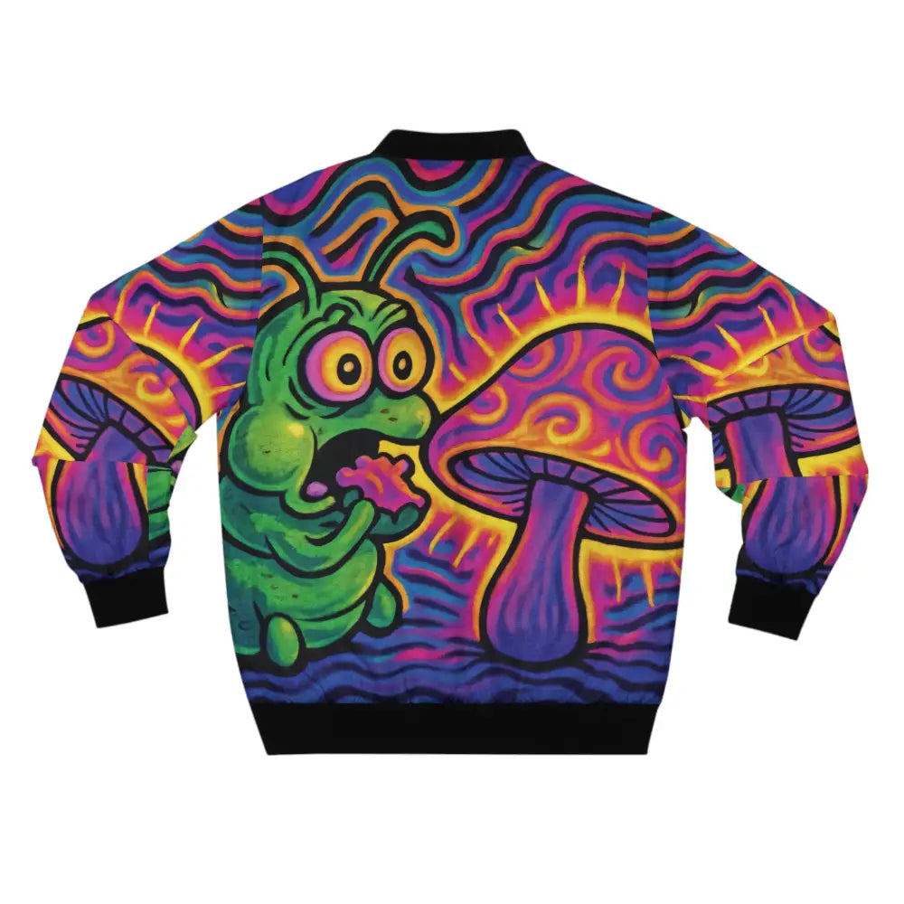 Colorful Psychedelic Cartoon Bomber Jacket from PixiOnyx Streetwear Men’s Shroomapillar Snack Attack