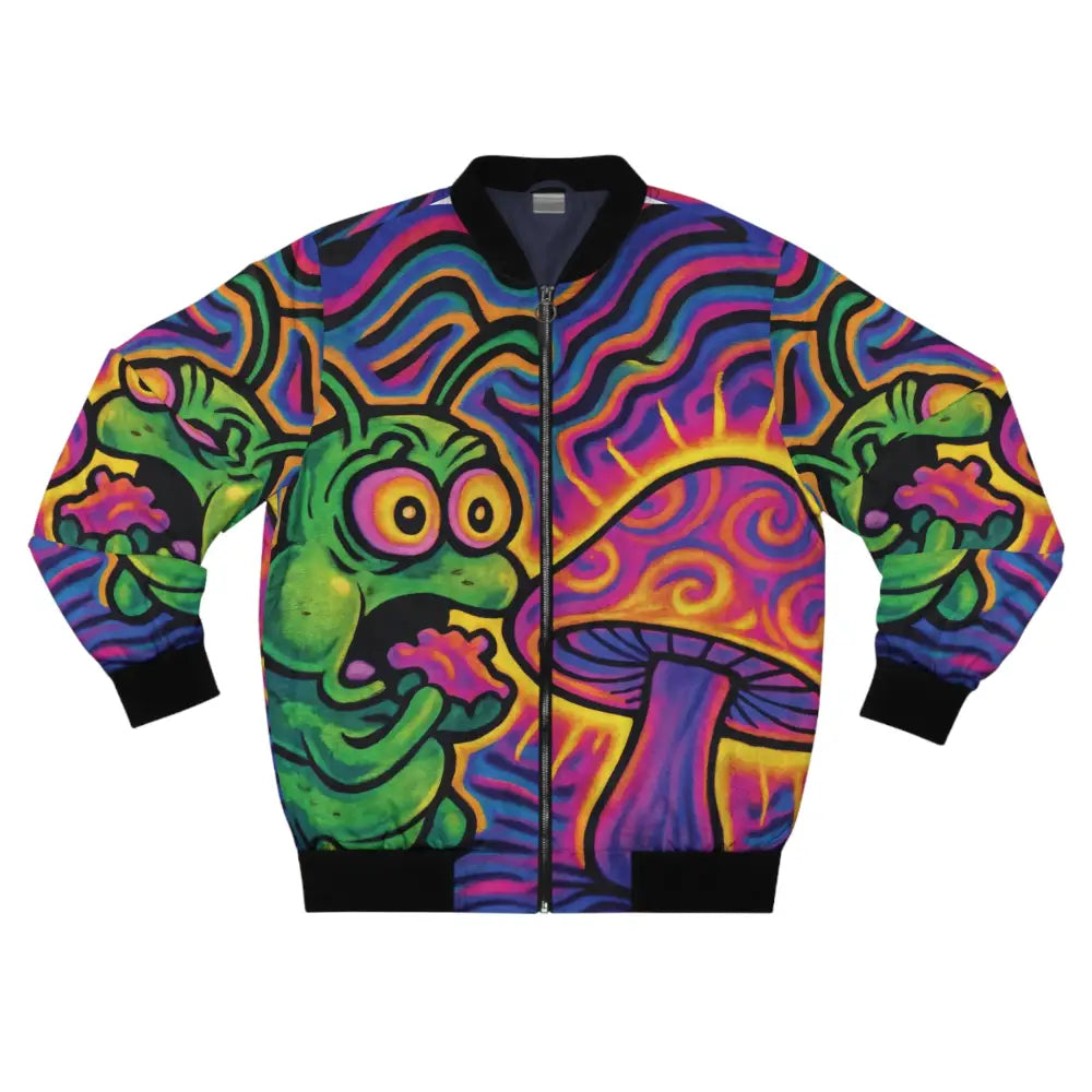 Psychedelic caterpillar bomber jacket from PixiOnyx Streetwear’s Men’s Shroomapillar Snack Attack collection