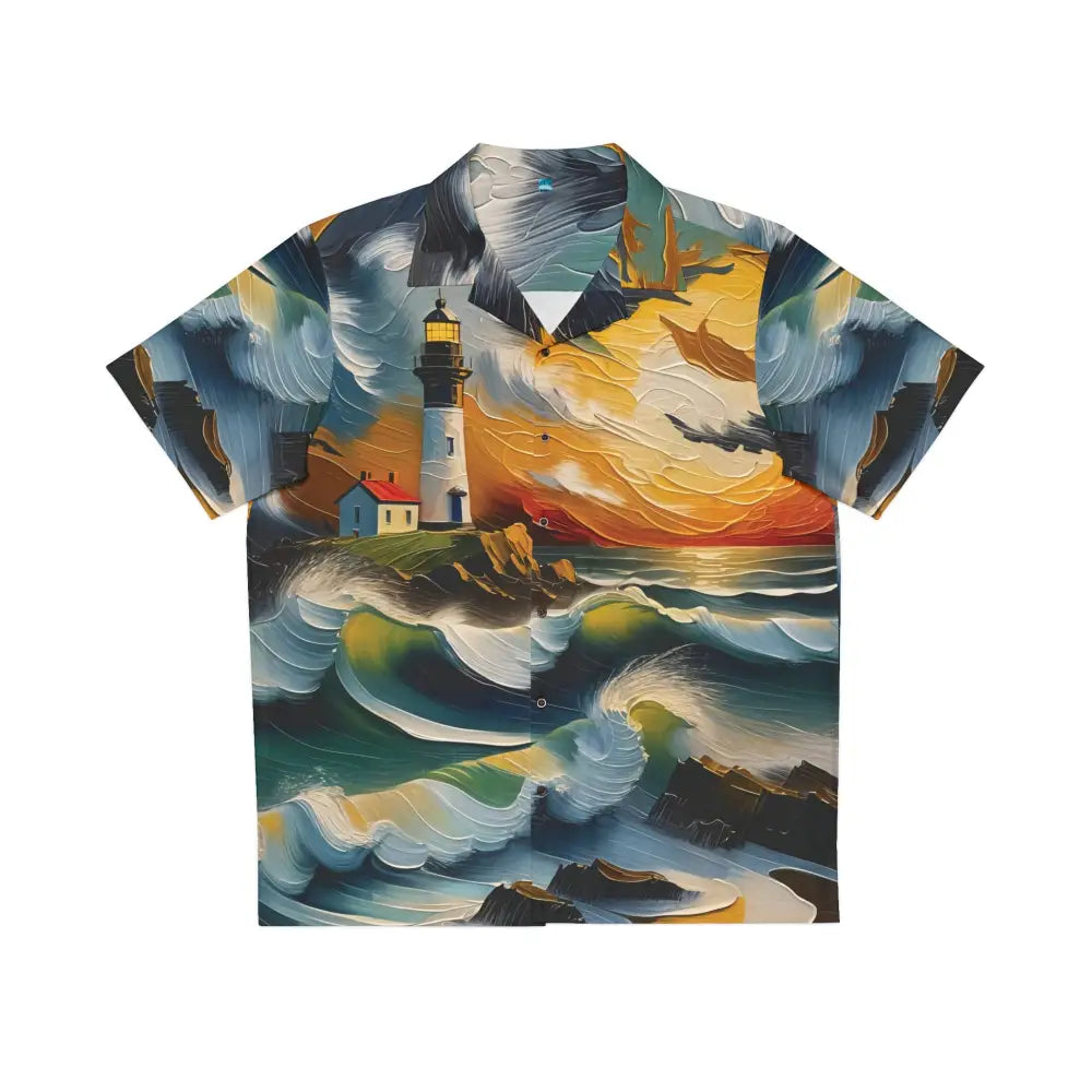 Men’s Hawaiian shirt with vibrant lighthouse and stormy ocean art print, hypnotic hawaiian shirt style