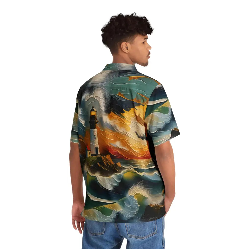 Men’s Hawaiian shirt with lighthouse and stormy sea design, perfect for a hypnotic Hawaiian shirt style