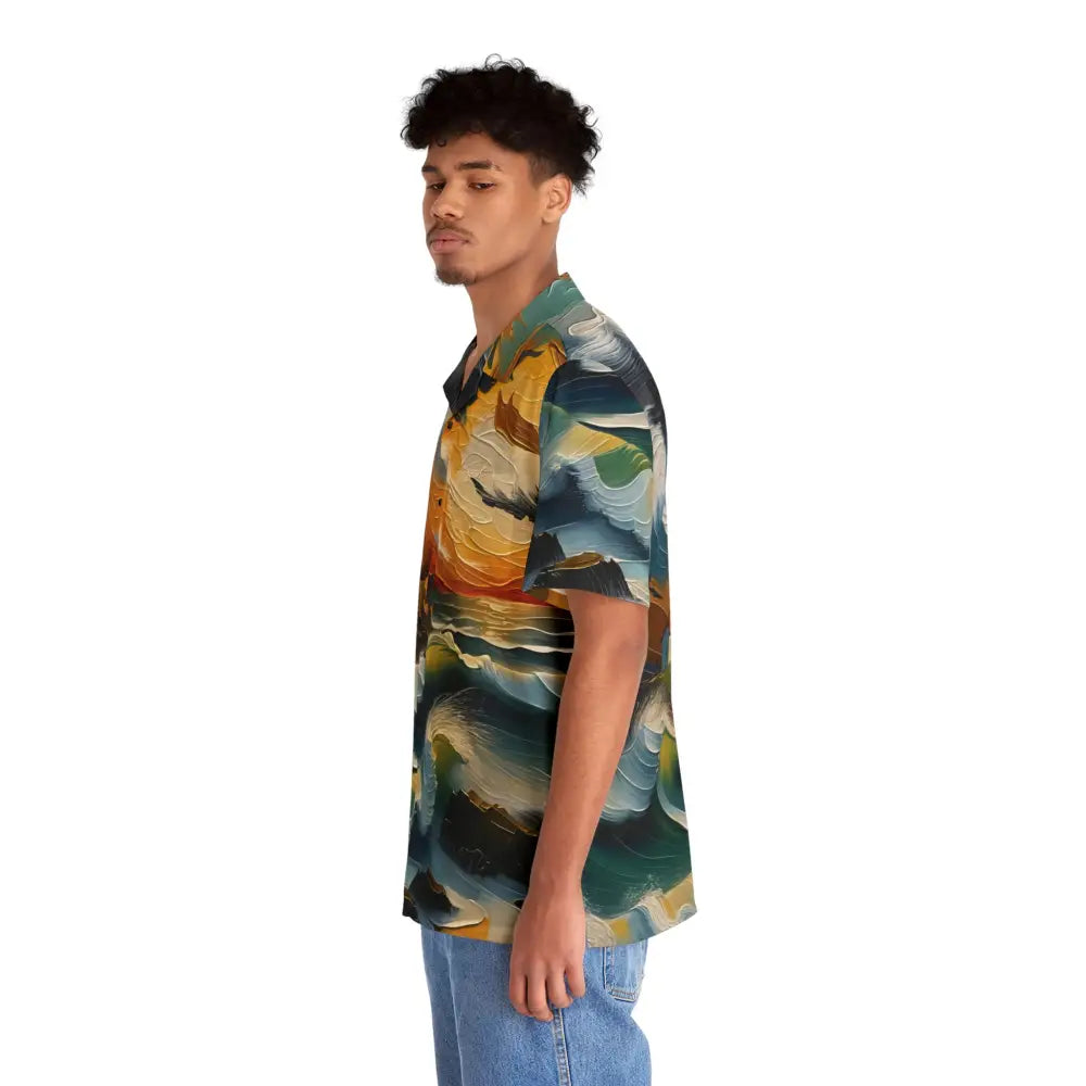 Men’s Hawaiian shirt with sunset ocean print and blue jeans, perfect for a hypnotic Hawaiian shirt look