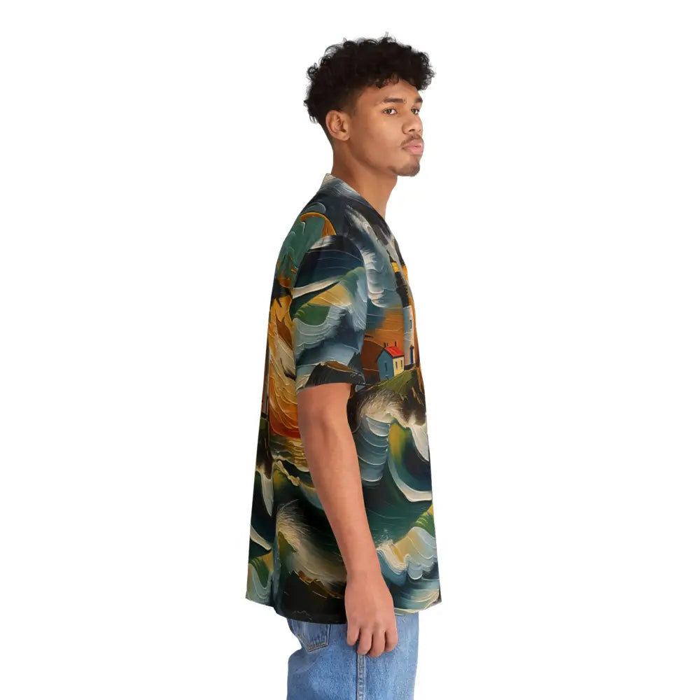 Young man wearing a hypnotic Hawaiian shirt with abstract wavy patterns in shades of blue and green