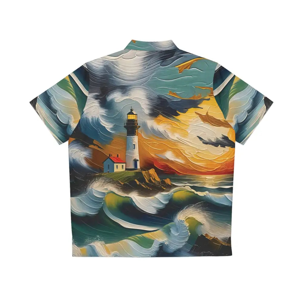 Men’s Hawaiian shirt with lighthouse and stormy sea painting, perfect for a hypnotic hawaiian shirt look