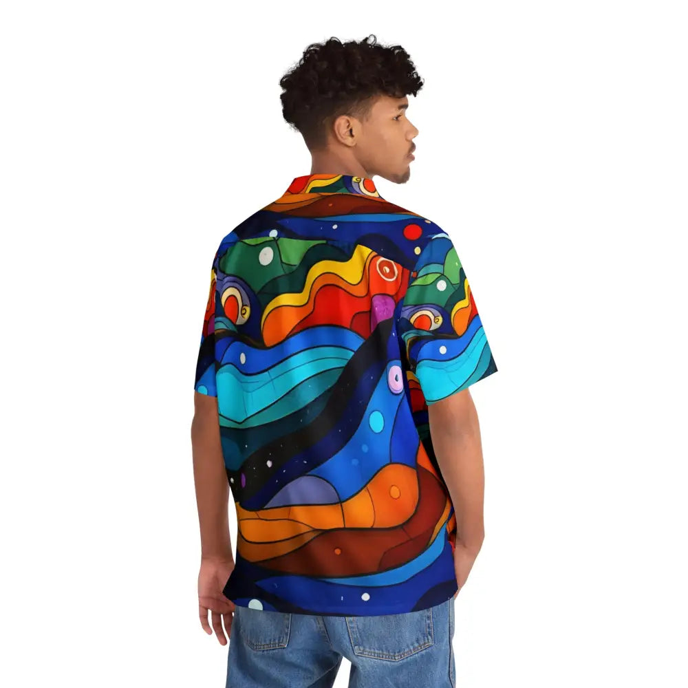 Colorful patterned short-sleeved men’s Hawaiian shirt from Psychedelic Pop Art Vacationwear by PixiOnyx