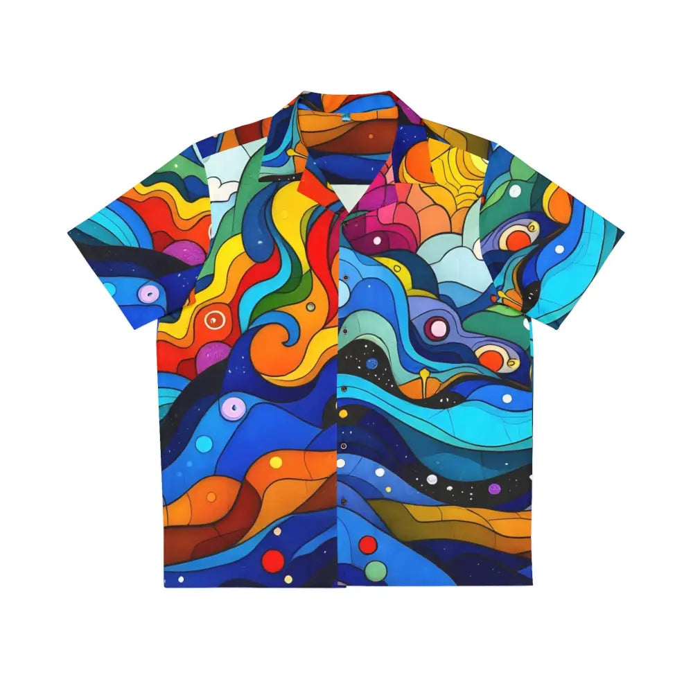 Colorful short-sleeved button-down Hawaiian shirt with psychedelic pop art design