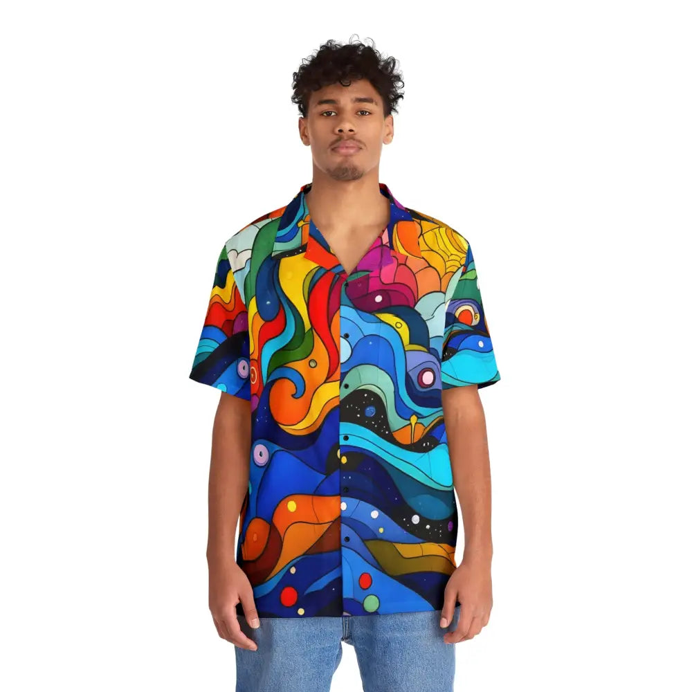Colorful patterned short-sleeved Hawaiian shirt from PixiOnyx layered spectrum collection