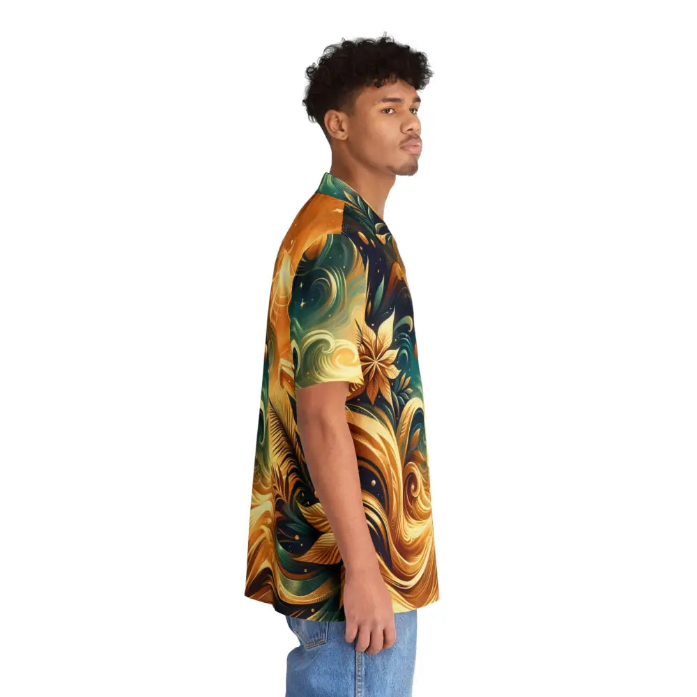 Patterned short-sleeved Men’s Hawaiian Shirt with Nebula Bloom Cascade design