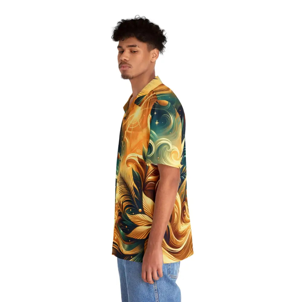 Man in colorful patterned short-sleeve Hawaiian shirt, Nebula Bloom Cascade design