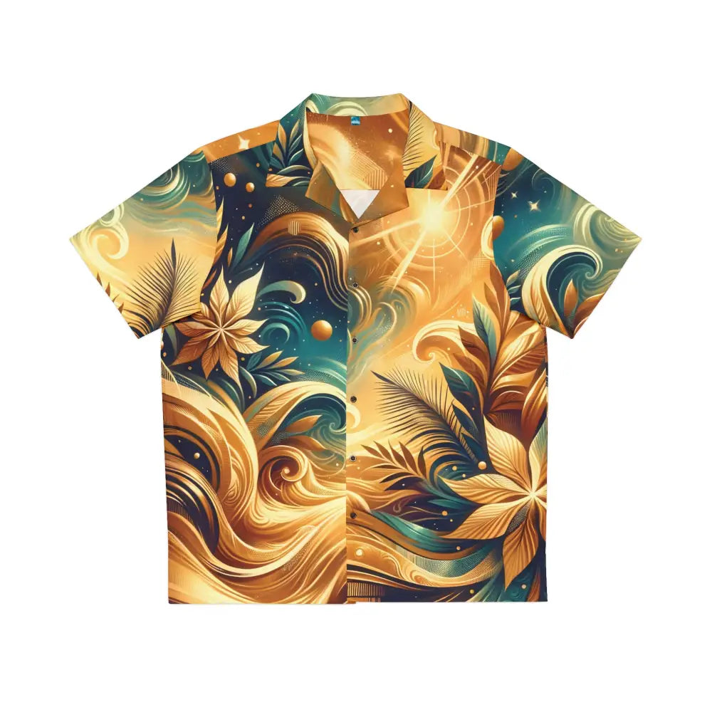 Men’s Hawaiian shirt with celestial and floral design featuring a psychedelic wave pattern