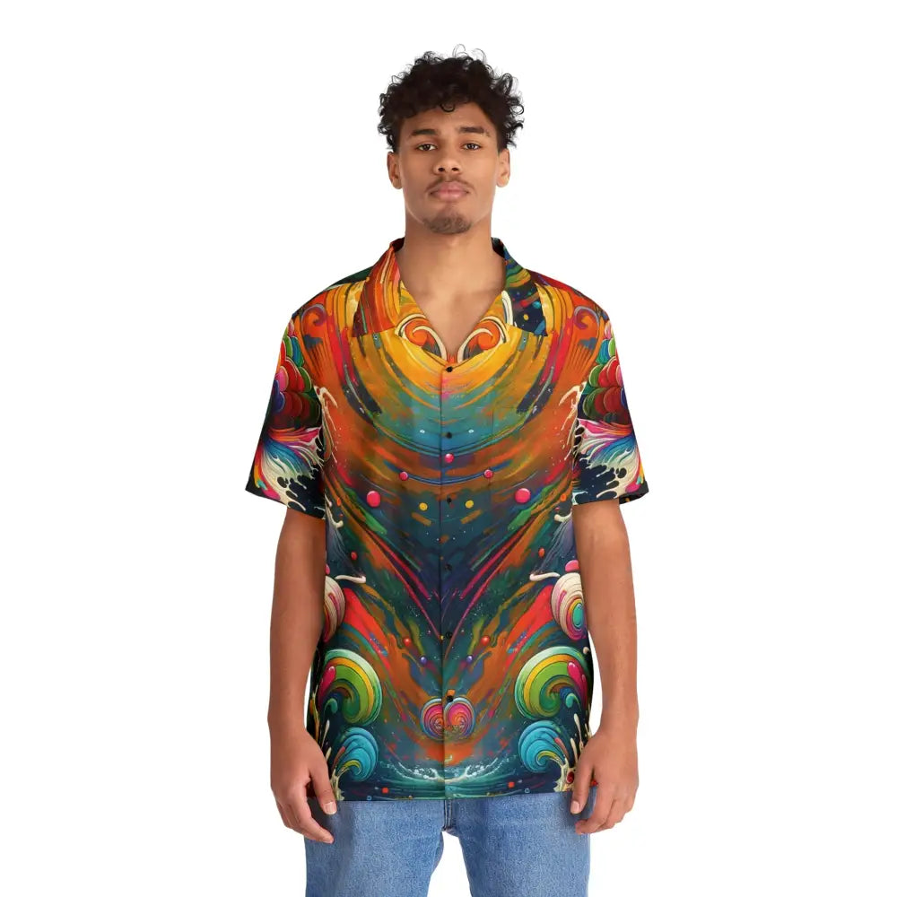 Colorful patterned short-sleeve Hawaiian shirt with rainbow koi design by PixiOnyx