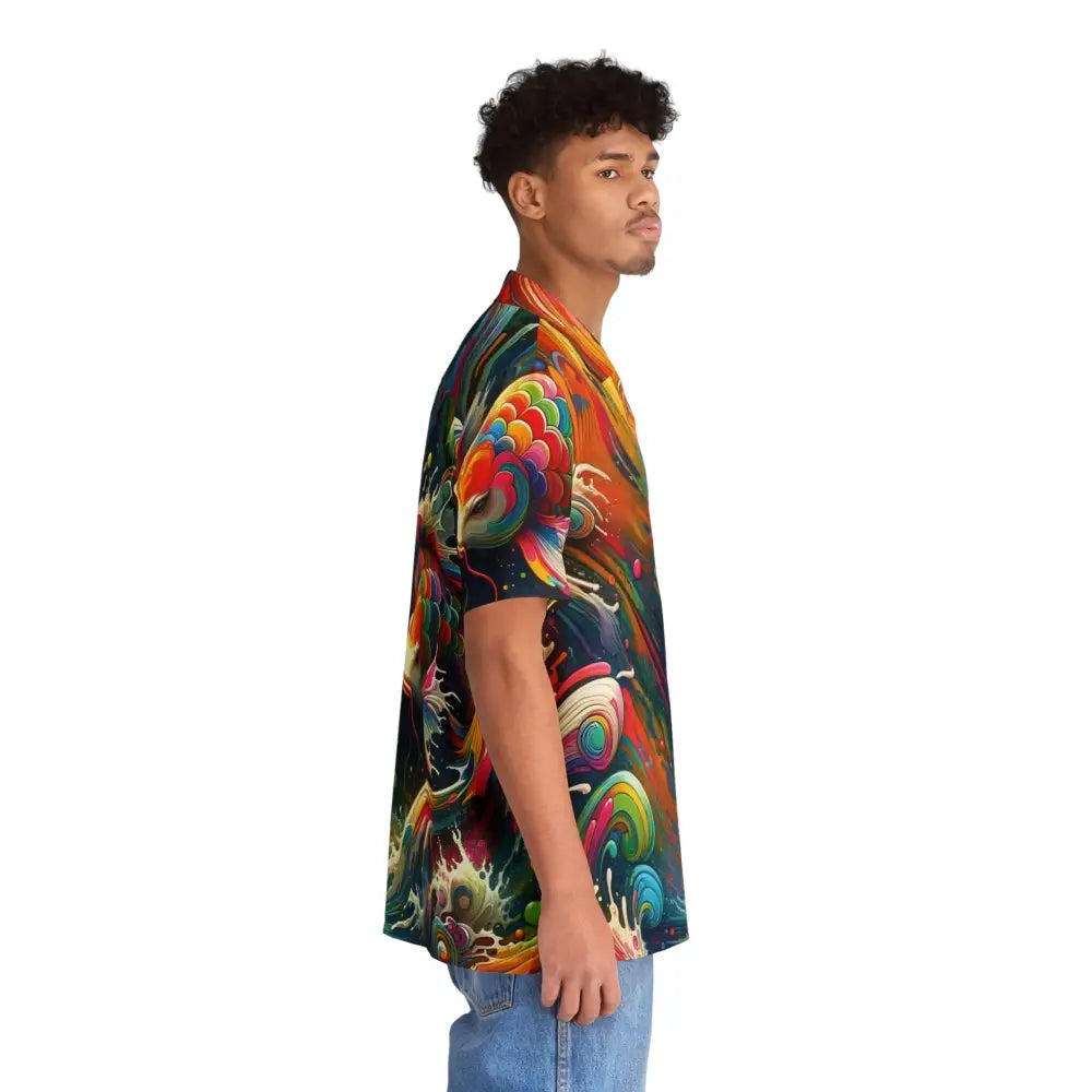 Colorful patterned short-sleeved men’s Hawaiian shirt with rainbow koi design