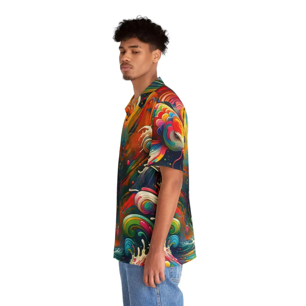 Colorful patterned short-sleeved Hawaiian shirt with Rainbow Koi design for men