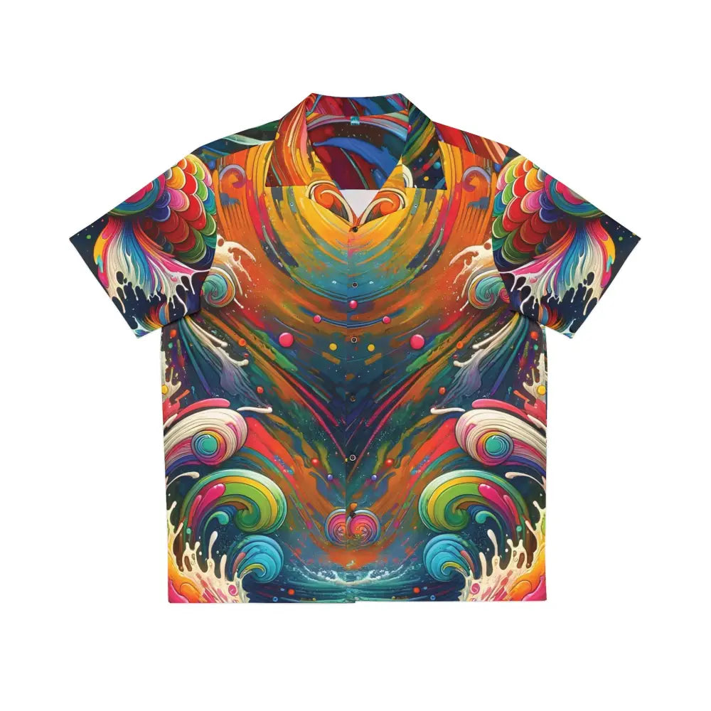 Colorful abstract patterned men’s Hawaiian shirt with rainbow koi design by PixiOnyx