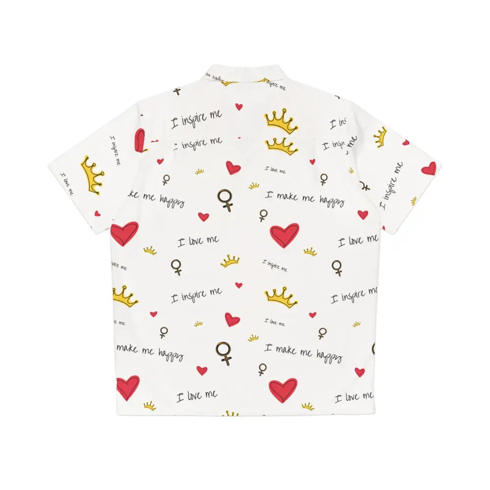 White short-sleeved shirt with hearts crowns and text from Men’s Hawaiian Shirt Self Love Manifesto PixiOnyx Tropical Empowercore