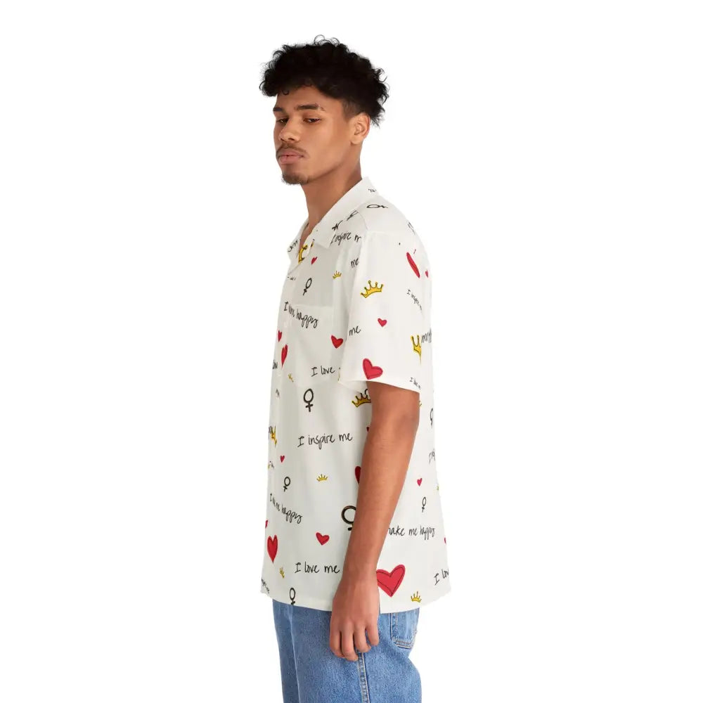 Man wearing a patterned short-sleeved Hawaiian shirt from PixiOnyx Tropical Empowercore collection