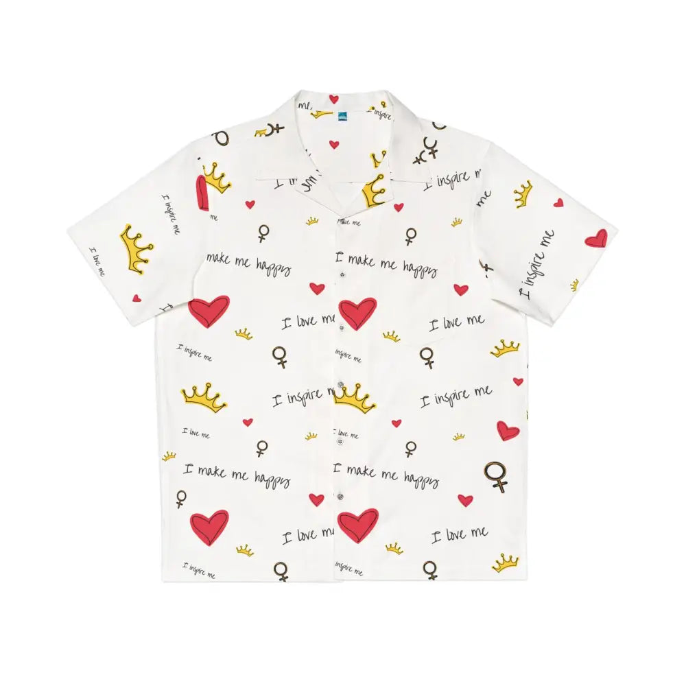 White patterned short-sleeve Hawaiian shirt from Men’s Hawaiian Shirt Self Love Manifesto by PixiOnyx Tropical Empowercore
