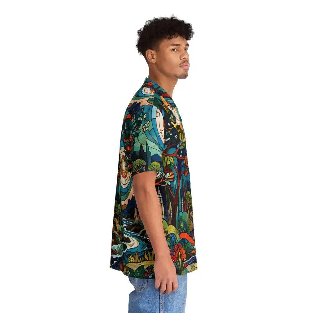 Men’s patterned short-sleeve Hawaiian shirt with tropical mosaic design by PixiOnyx