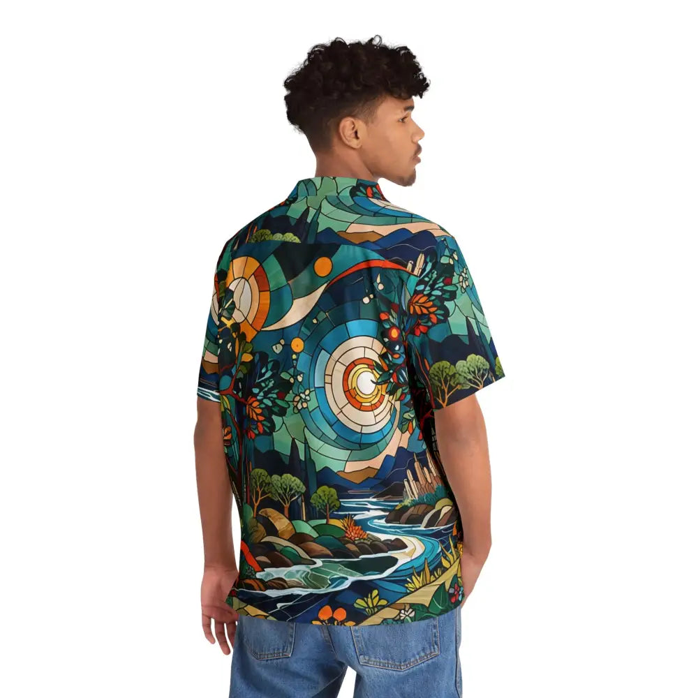 Colorful patterned short-sleeved Hawaiian shirt with tropical mosaic art design by PixiOnyx