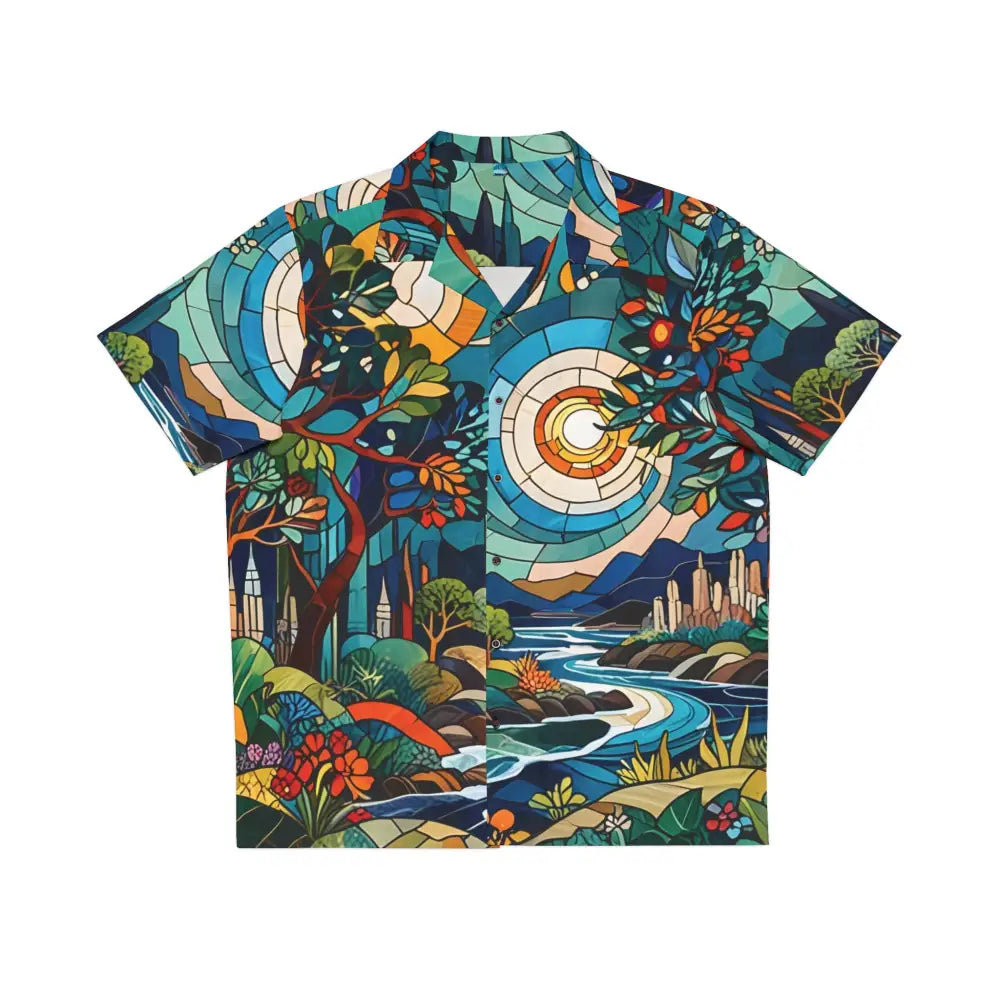 Men’s Hawaiian shirt with stained-glass-style landscape design by PixiOnyx