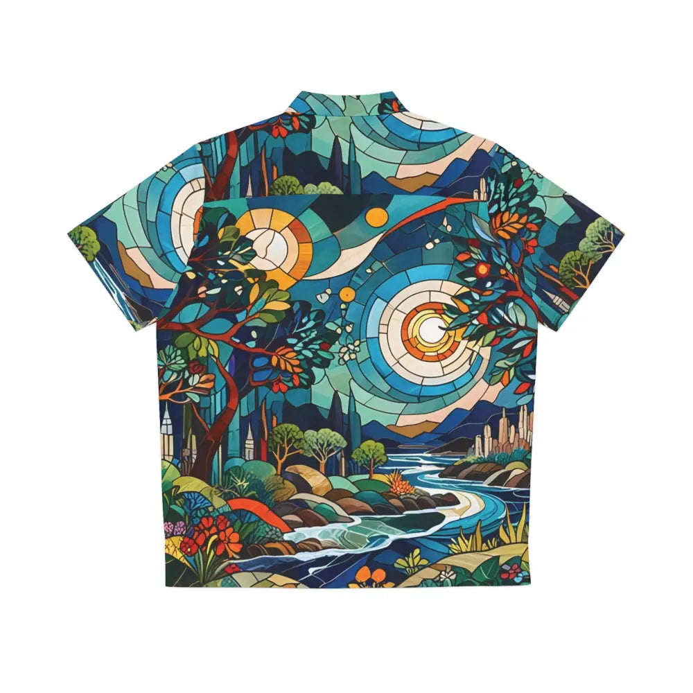Artistic stained-glass-style button-down Hawaiian shirt with tropical mosaic design