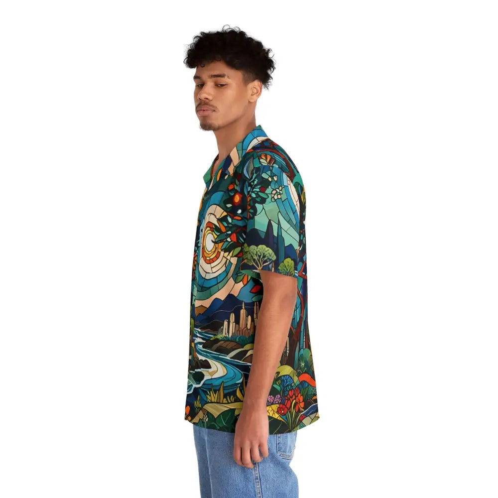 Man wearing a patterned short-sleeved Hawaiian shirt from PixiOnyx Tropical Mosaic collection