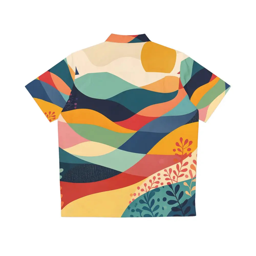 Colorful patterned short-sleeved Hawaiian shirt from PixiOnyx Sunset Grove collection