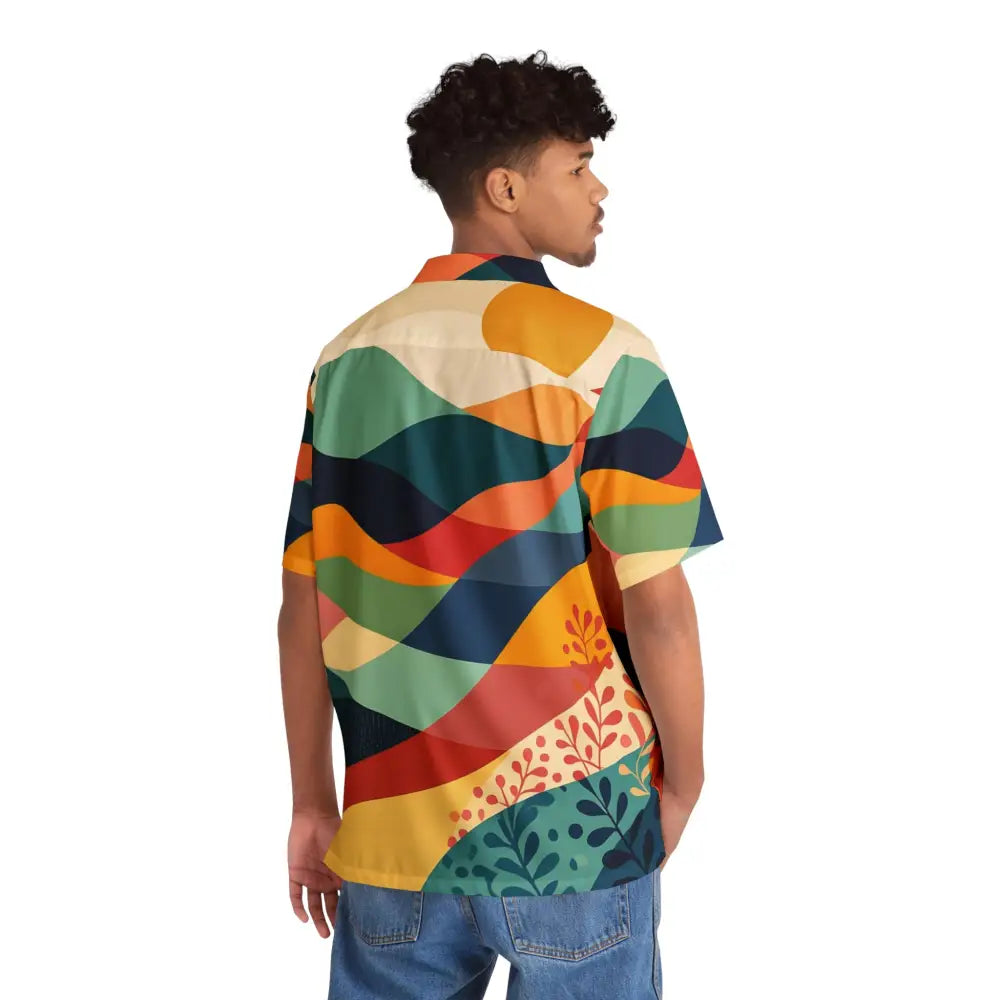 Colorful patterned short-sleeved Men’s Hawaiian Shirt Sunset Grove PixiOnyx Vacation Vibeswear